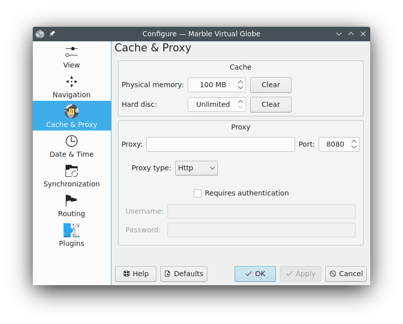 La finestra di configurazione della cache e del proxy