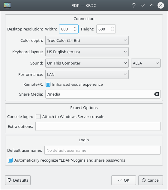 Remote Desktop Connection voorkeuren - Standaarden van RDP tabblad met profielen