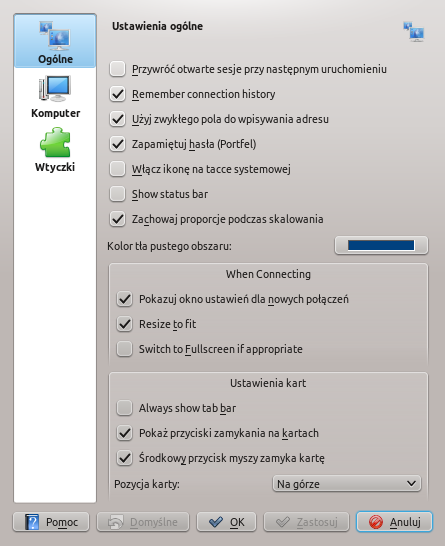 Ustawienia Remote Desktop Connection - karta ustawienia ogólne