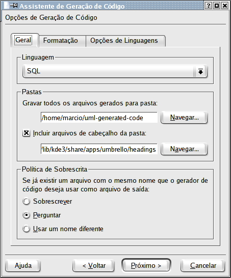 Opções para a Geração de Código no Umbrello UML Modeller