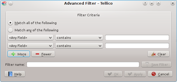 Диалог «Расширенный фильтр» Tellico