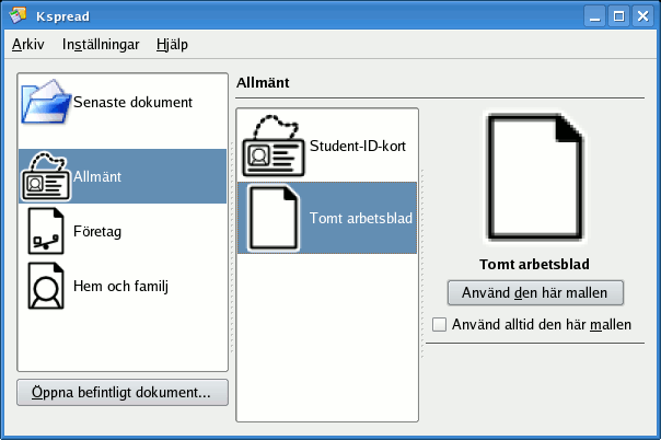 Calligra Sheets efter första start