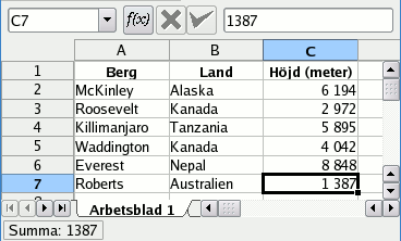 Skärmbild av sorterad data