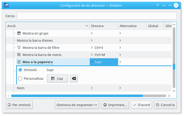 La finestra Configura les dreceres mostrant com s'estableix una drecera.