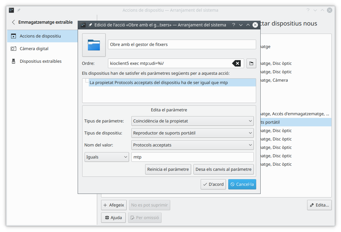 Captura de pantalla del diàleg Edita una acció