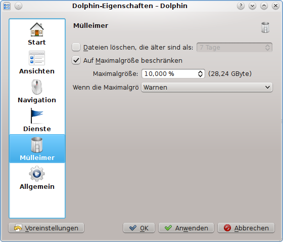 Papierkorb-Einstellungen