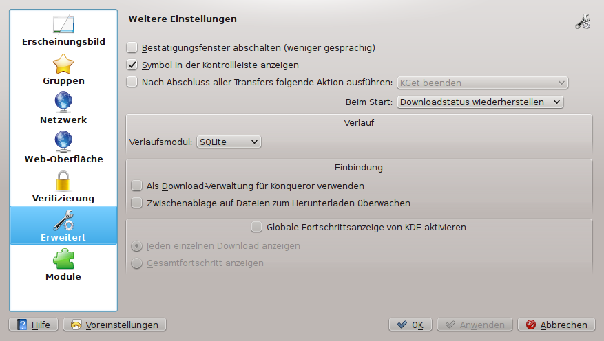 Erweiterte Einstellungen für KGet