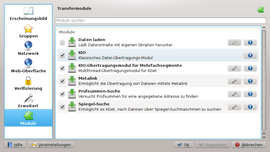 Modul-Einstellungen für KGet