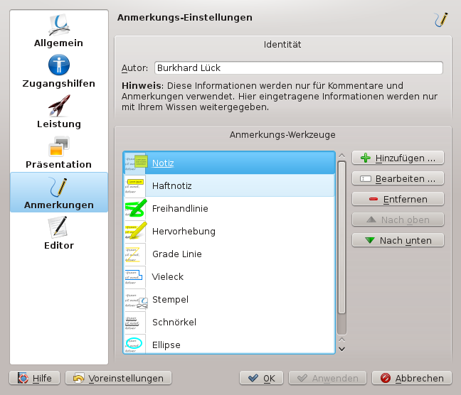 Die Seite Anmerkungen im Einrichtungsdialog
