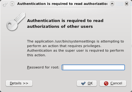 The authentication dialog asking for root