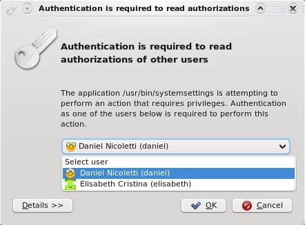 Same authentication dialog, showing drop down box where the user can be selected