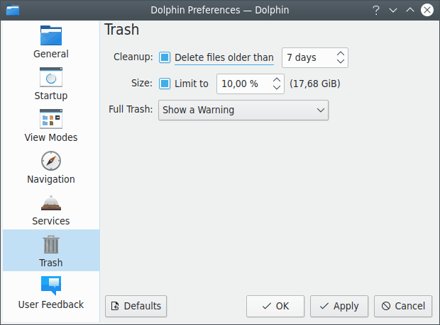 Preferencias de la papelera.