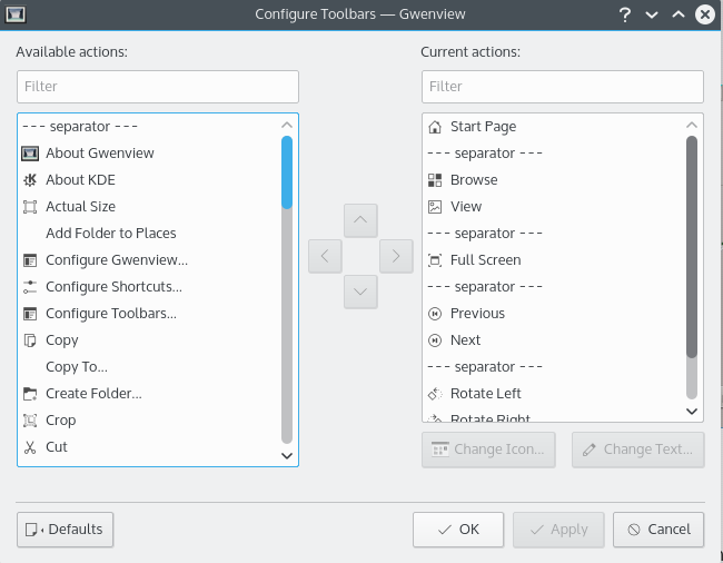 La ventana de la configuración de las barras de herramientas.