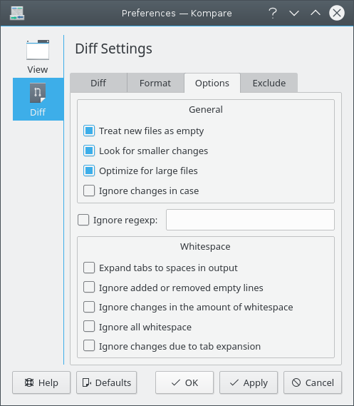 Preferencias de las opciones de Kompare