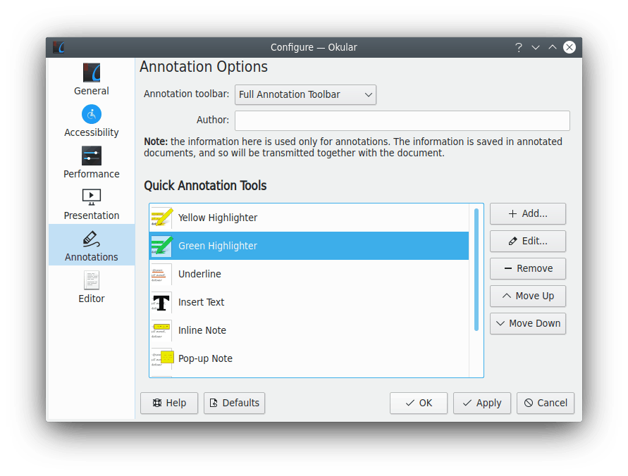 La página de anotaciones del diálogo de configuración