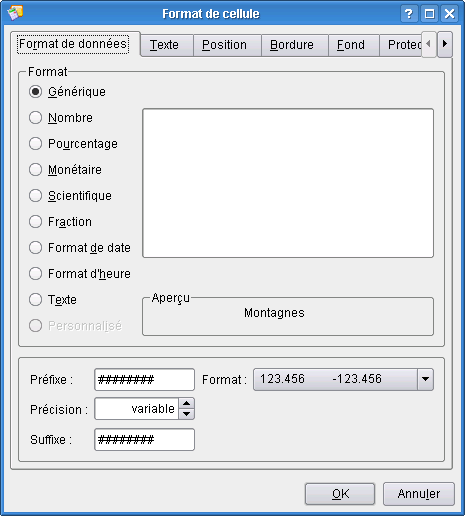 Page des formats des données.