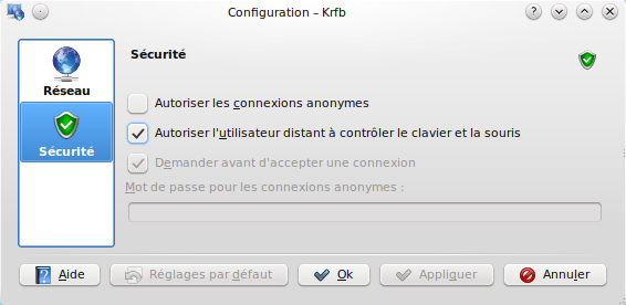 Configuration de Desktop Sharing (page Sécurité)