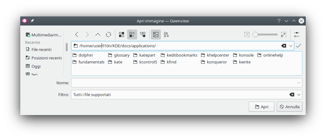 La finestra di apertura dei file.