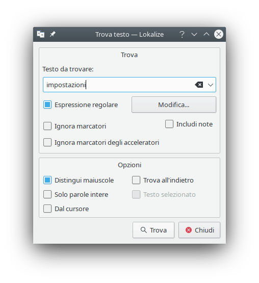 La finestra di ricerca del testo.