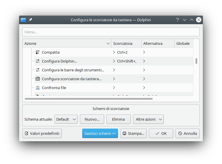La finestra di configurazione delle scorciatoie che mostra gli strumenti di modifica degli schemi.