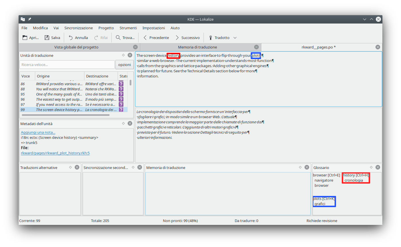 La vista glossario nell'angolo in basso a destra mostra le voci di glossario adatte all'unità corrente