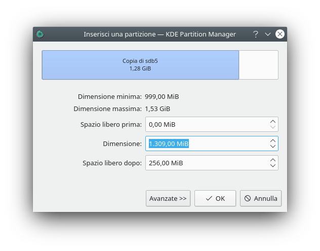 Ridimensionamento di una partizione incollata