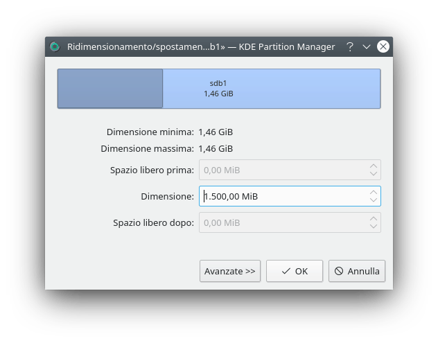 La finestra di ridimensionamento prima di modificare le dimensioni di /dev/sdb1