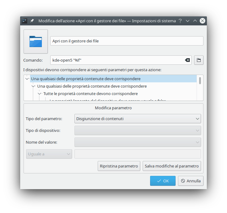 Schermata della finestra di modifica dell'azione