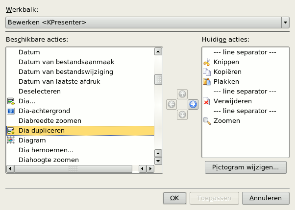Werkbalken in Calligra Stage instellen
