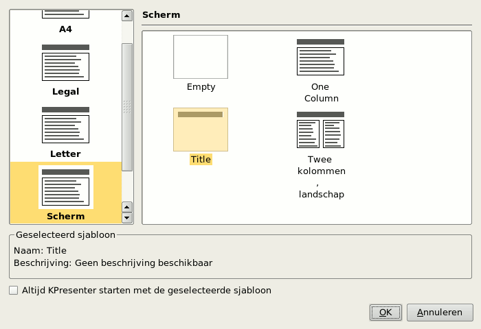 Het opstart-dialoogvenster van Calligra