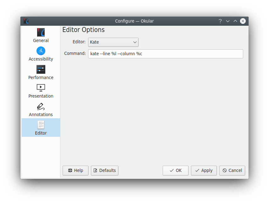 Configurar o editor no Okular