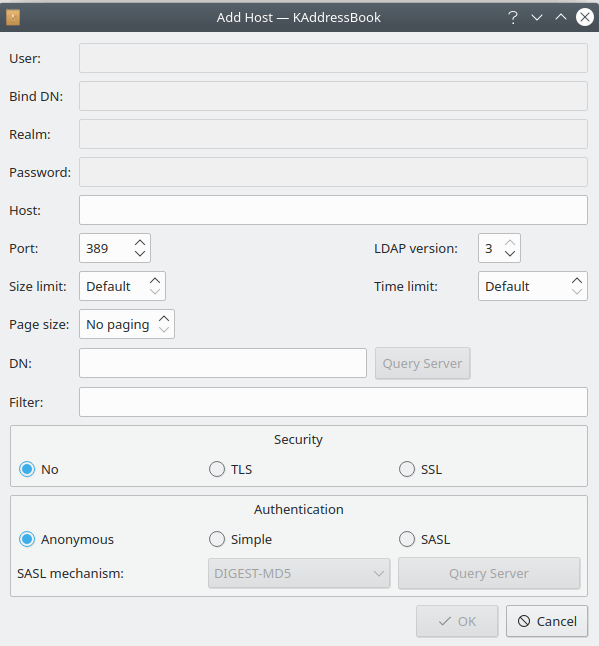 Uma segunda captura de tela da caixa de diálogo “Configurar Servidor LDAP” do KAddressBook.