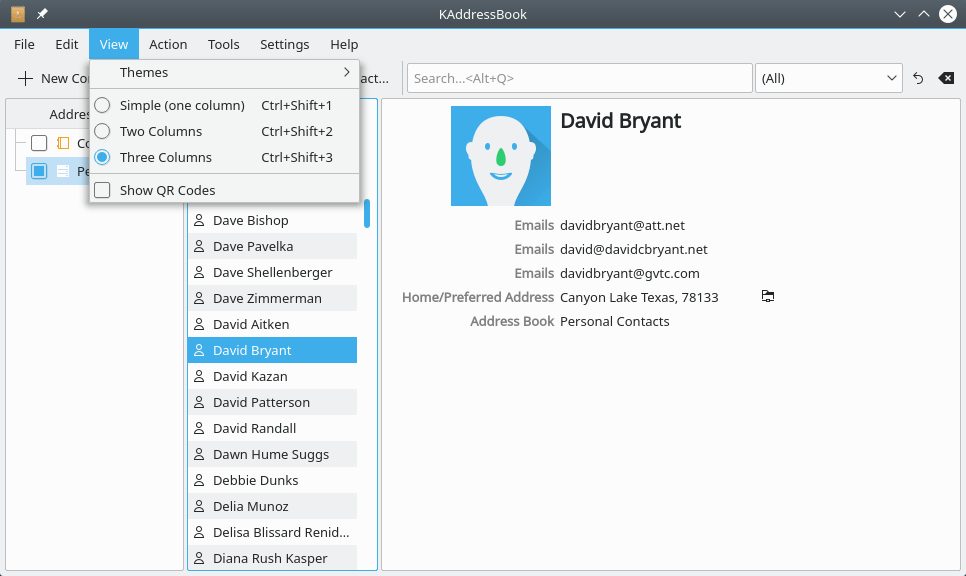Uma captura de tela do menu “Exibir” do KAddressBook.