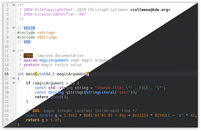 Temas de cores “Breeze Light” e “Breeze Dark” com realce de sintaxe para “C++”.