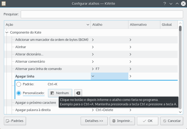 Janela de configuração de atalhos demonstrando como definir um atalho.