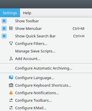 O menu Configurações
