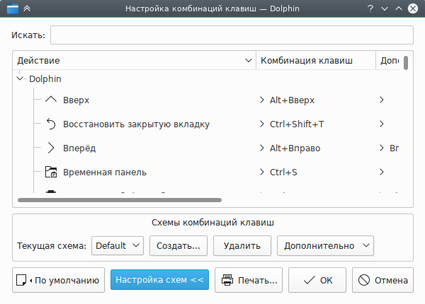 Окно «Настройка комбинаций клавиш» с инструментами редактирования схем.