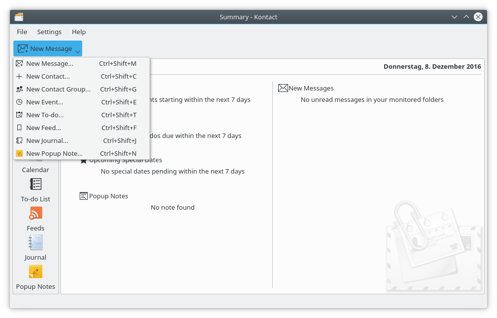 Меню «Создать» в Kontact