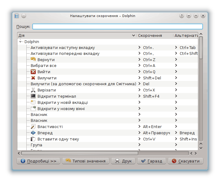 Вікно налаштовування клавіатурних скорочень, у якому показано інструменти редагування схем.