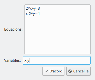Captura de pantalla del diàleg «Resol les equacions» en el Cantor