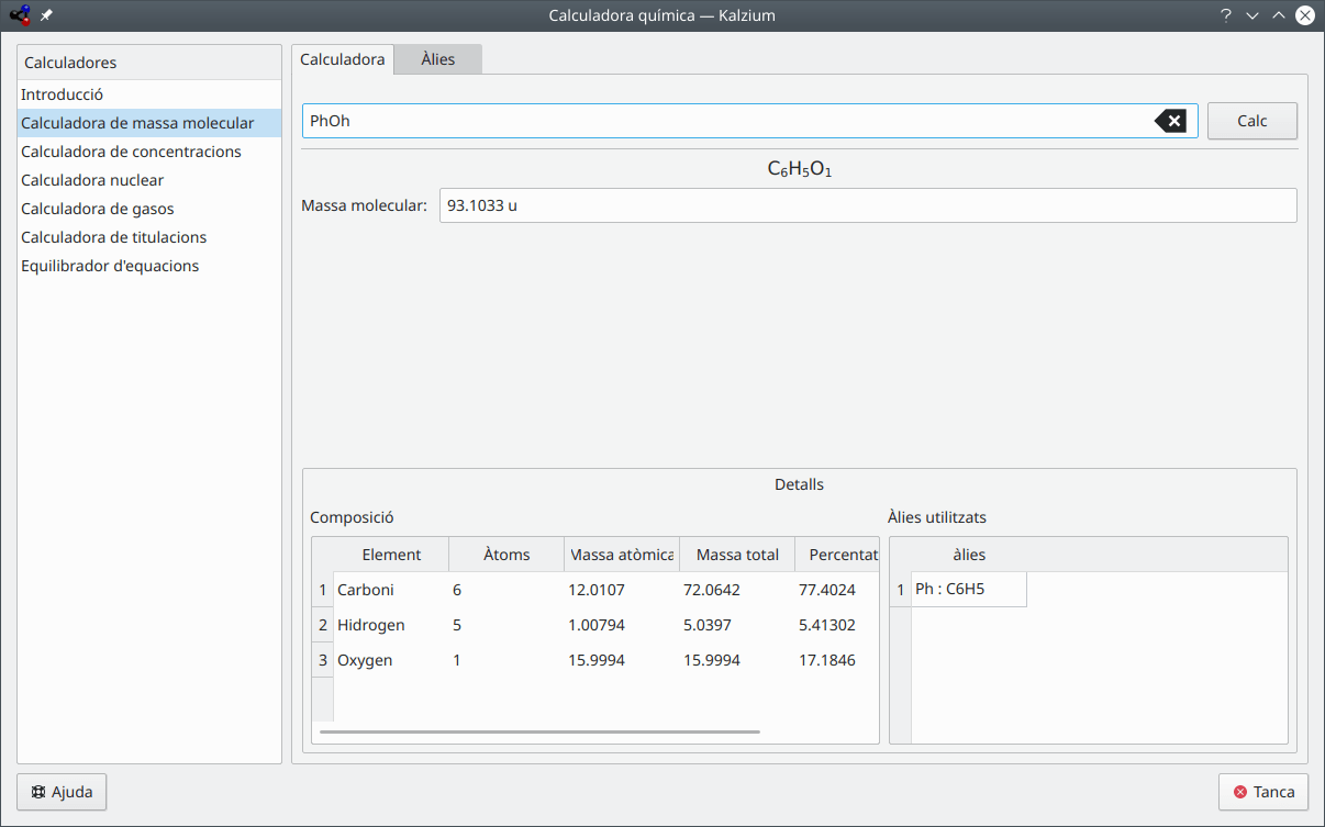 El diàleg «Calculadora de massa molecular»