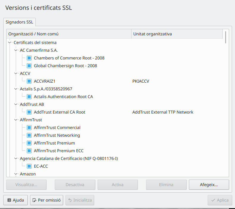 El mòdul Versions i certificats SSL