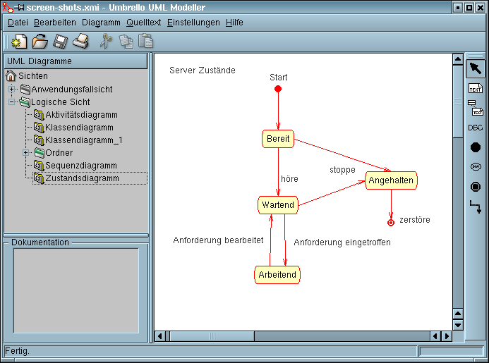 Umbrello UML Modeller bei der Darstellung eines Zustandsdiagramms