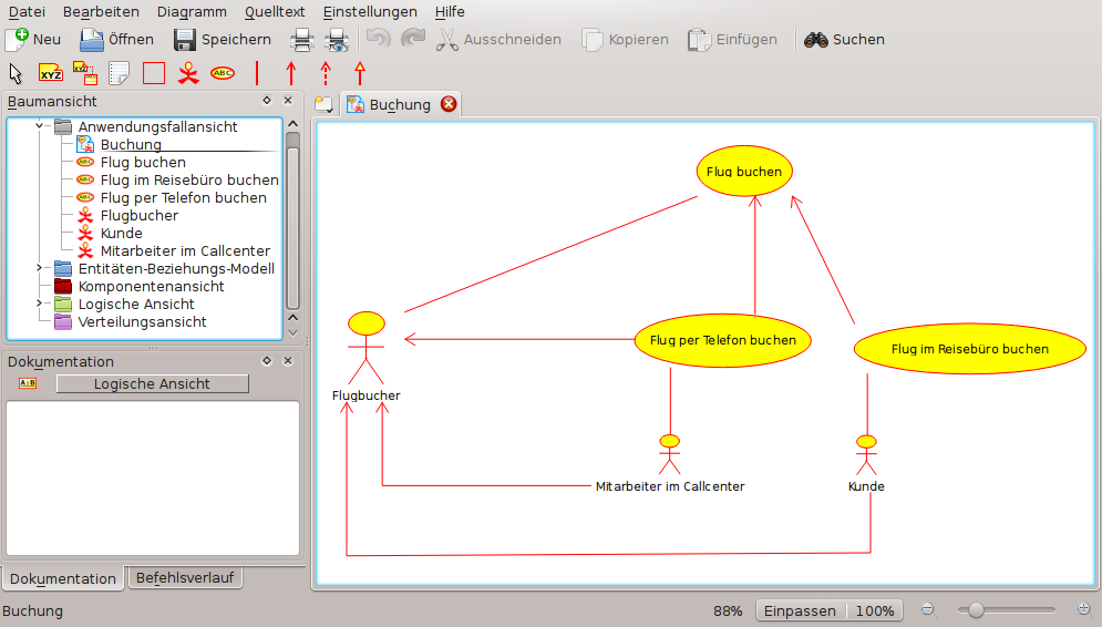 Umbrello UML Modeller bei der Darstellung eines Anwendungfalldiagramms