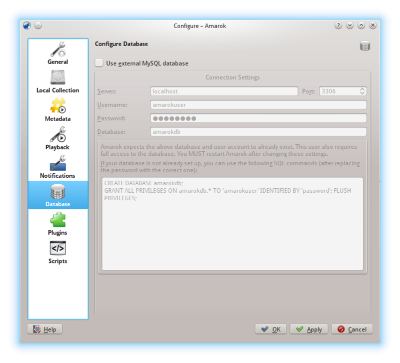 External Database configuration dialog