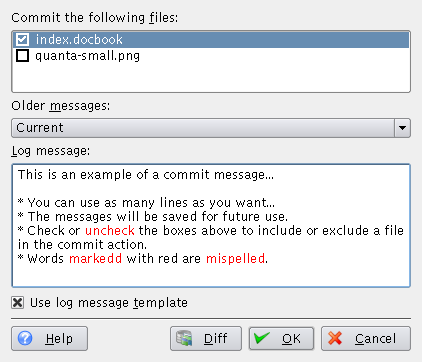 A screenshot of Cervisia's commit dialog