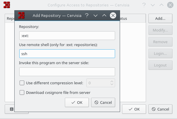 A screenshot of Cervisia's Configure Access to Repositories dialog