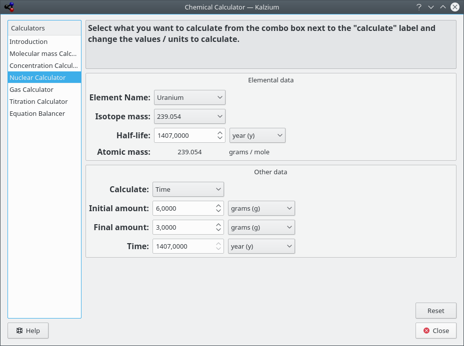 the “Nuclear calculator” dialog