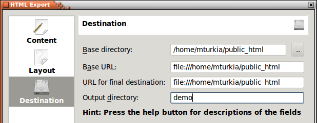HTML Generator Destination Configuration