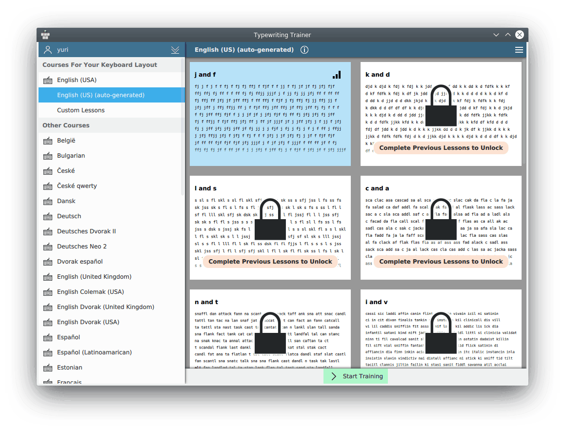 Home screen of Typewriting Trainer